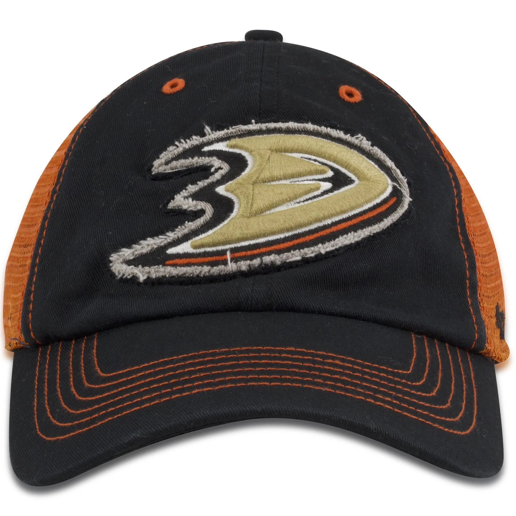 Anaheim Ducks trucker cap, black and orange, mesh back, flex fit.