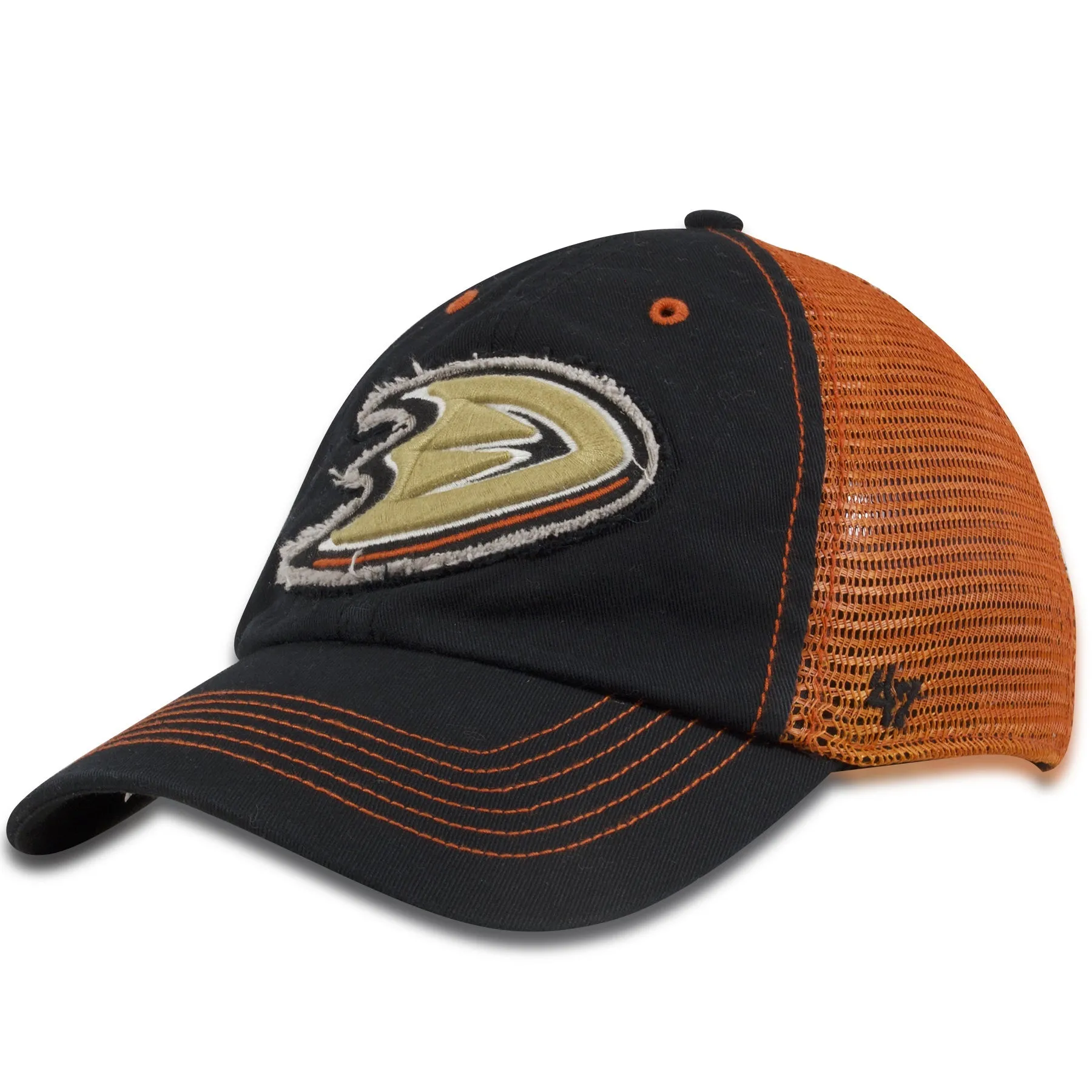 Anaheim Ducks trucker cap, black and orange, mesh back, flex fit.