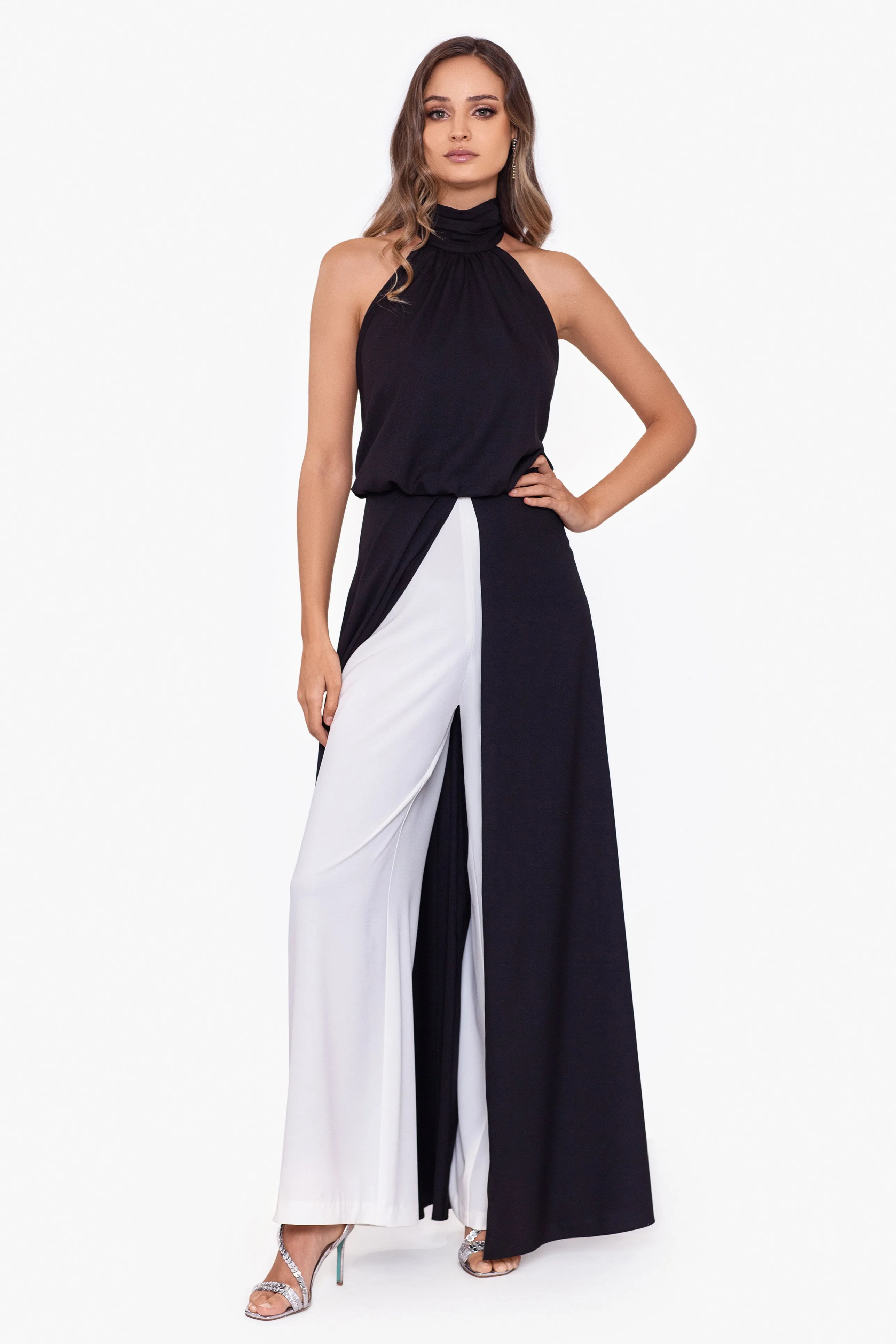 Andrea Two Tone Jumpsuit with Mock Neck Cowl - Buy Now