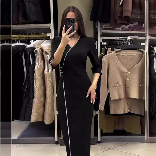 Autumn New Long Sleeve V-neck Rhinestone Slim Temperament Split Jumpsuit