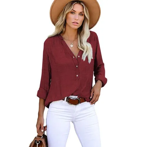 Autumn New Women's Solid Color Shirt    Loose Single-breasted Long-sleeved Top