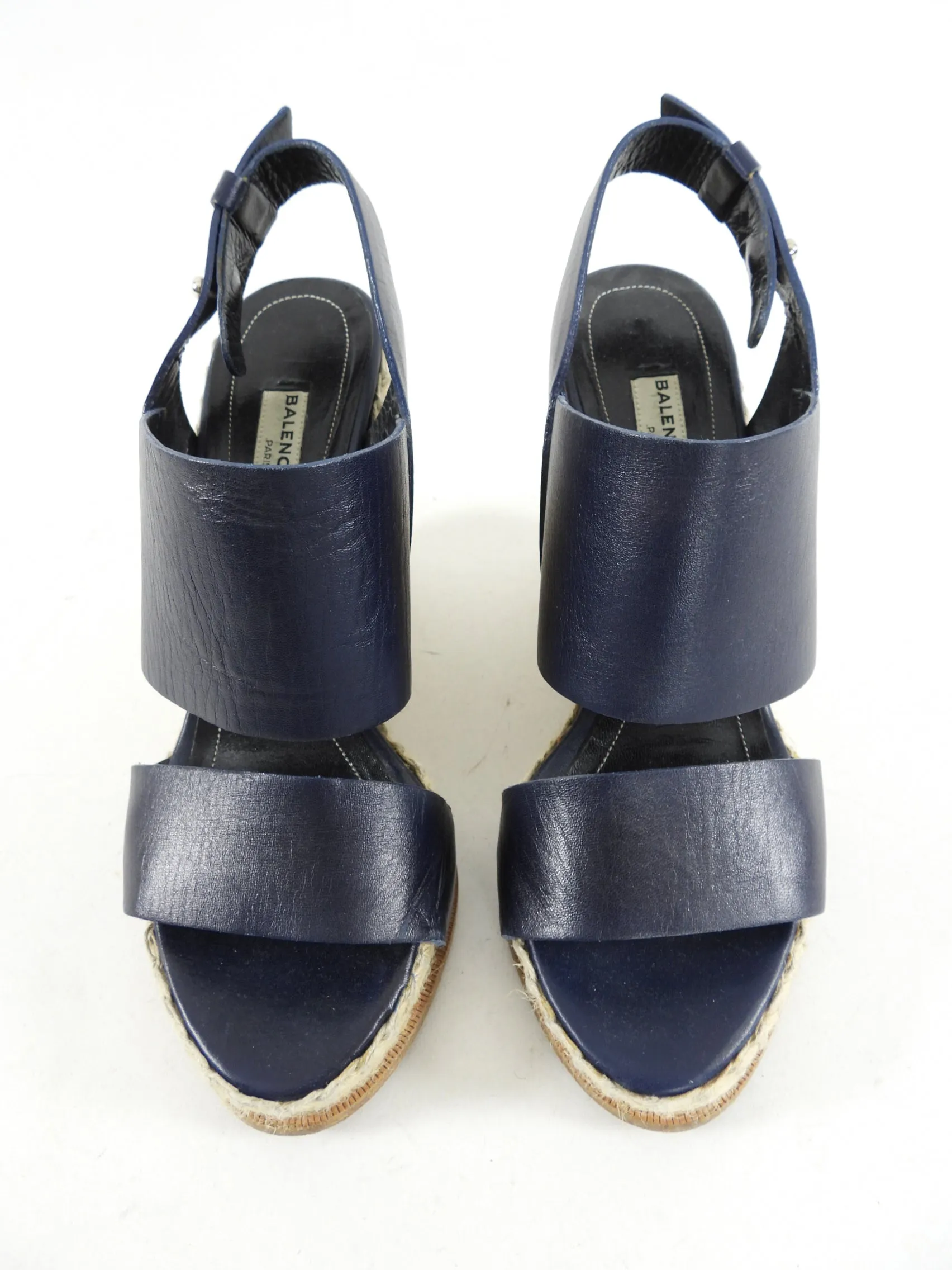 Balenciaga Navy Leather Wedge Espadrilles - Size 37