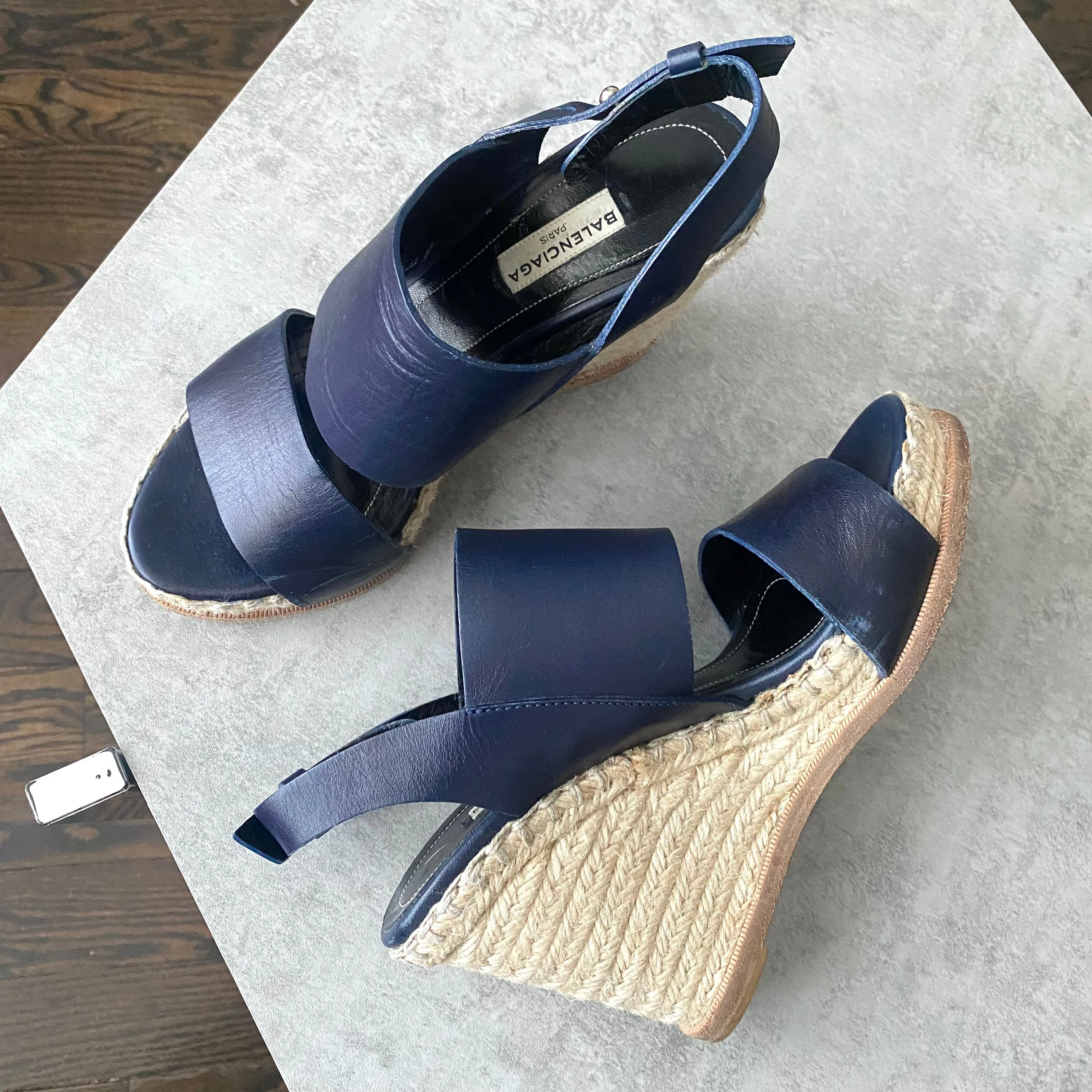 Balenciaga Navy Leather Wedge Espadrilles - Size 37