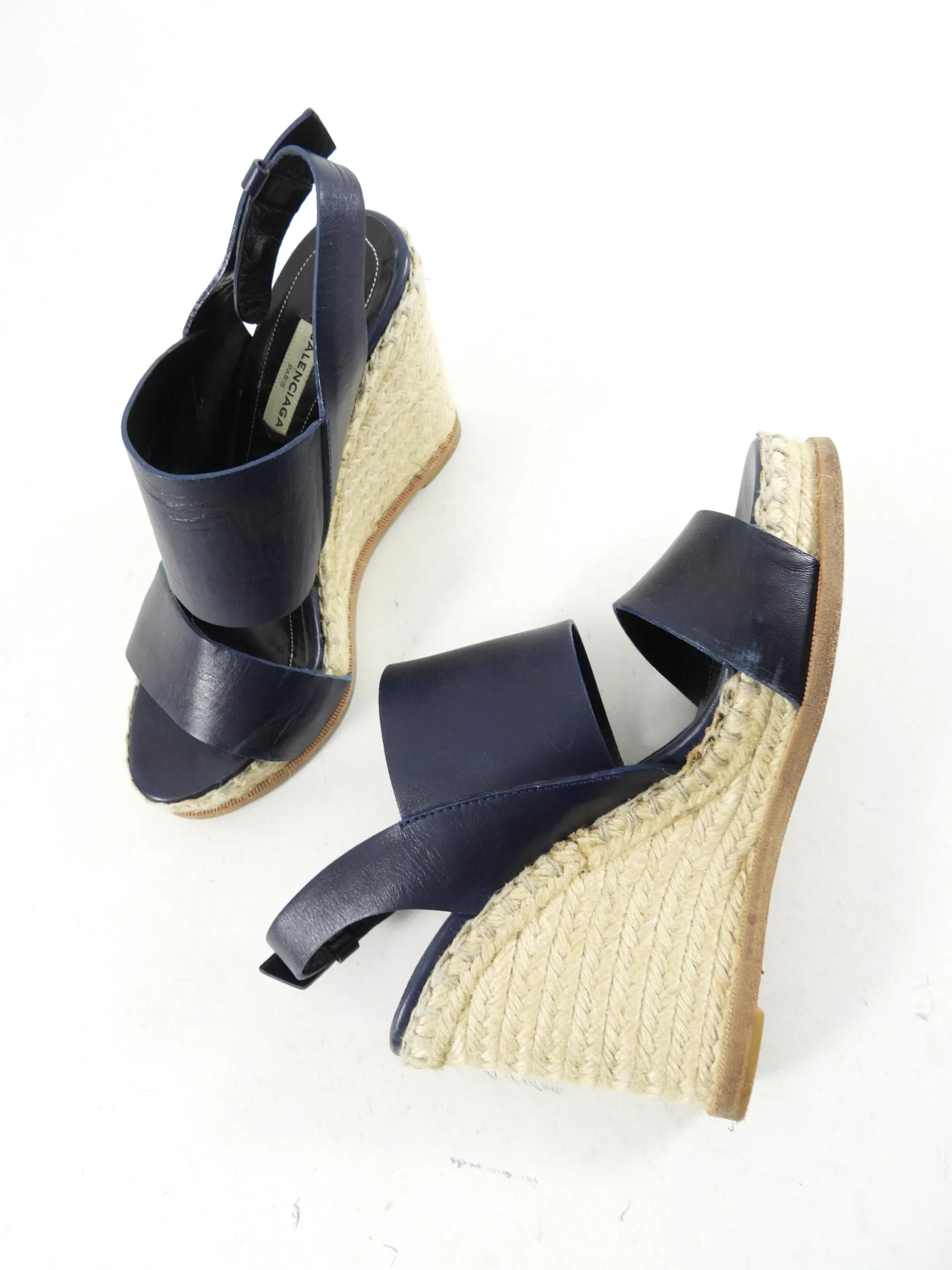 Balenciaga Navy Leather Wedge Espadrilles - Size 37