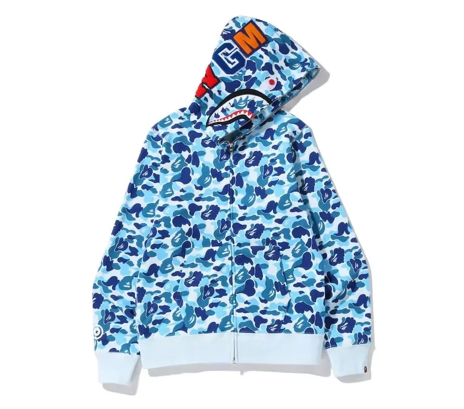 BAPE blue camouflage shark hoodie full zip-up SS23.