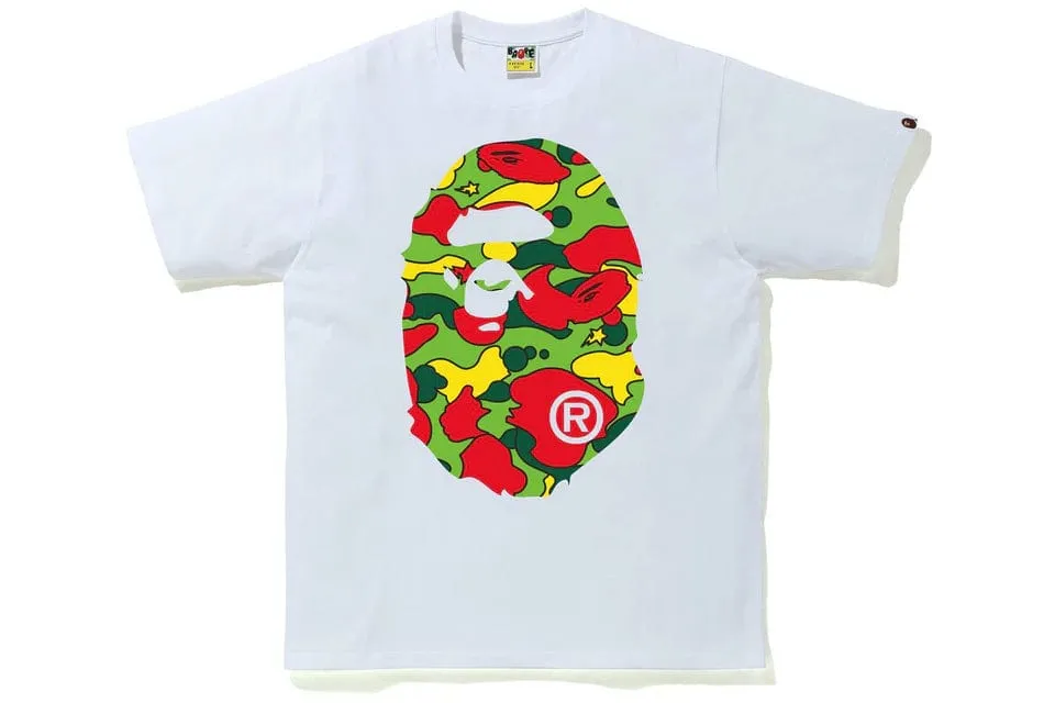 BAPE white multi-color camo big ape head tee