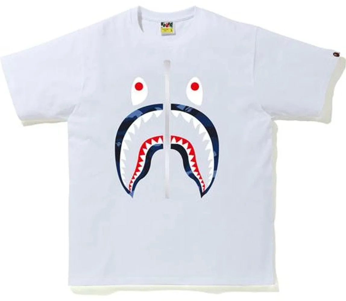 BAPE white/navy color camo shark tee