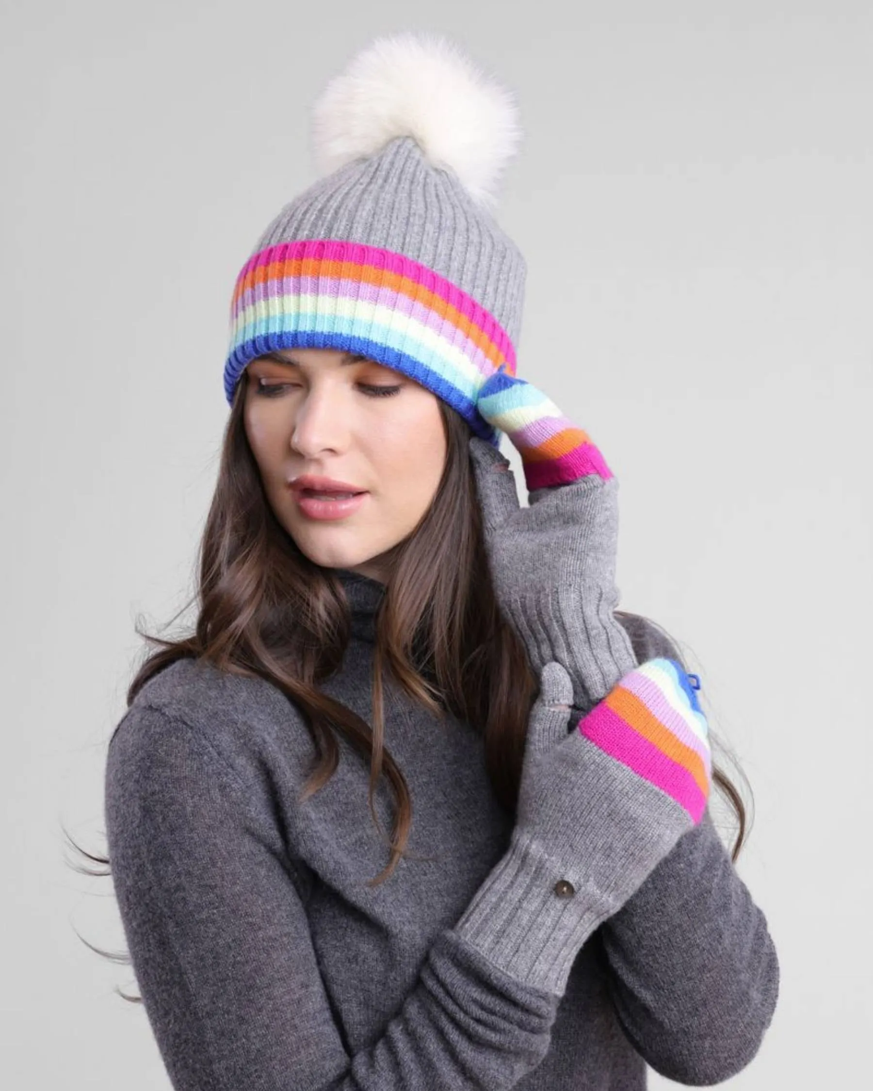 Cashmere Rainbow Hat with Fox Pom - Shop Now