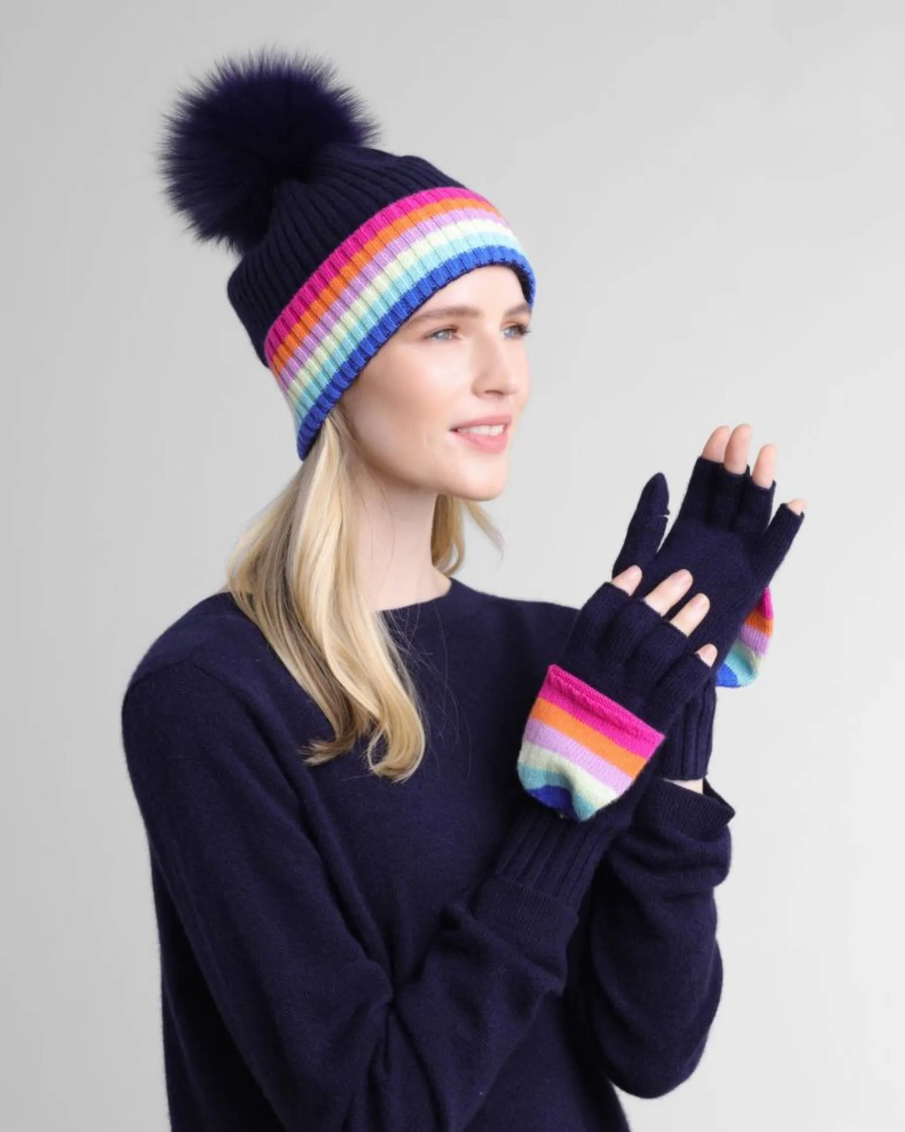 Cashmere Rainbow Hat with Fox Pom - Shop Now