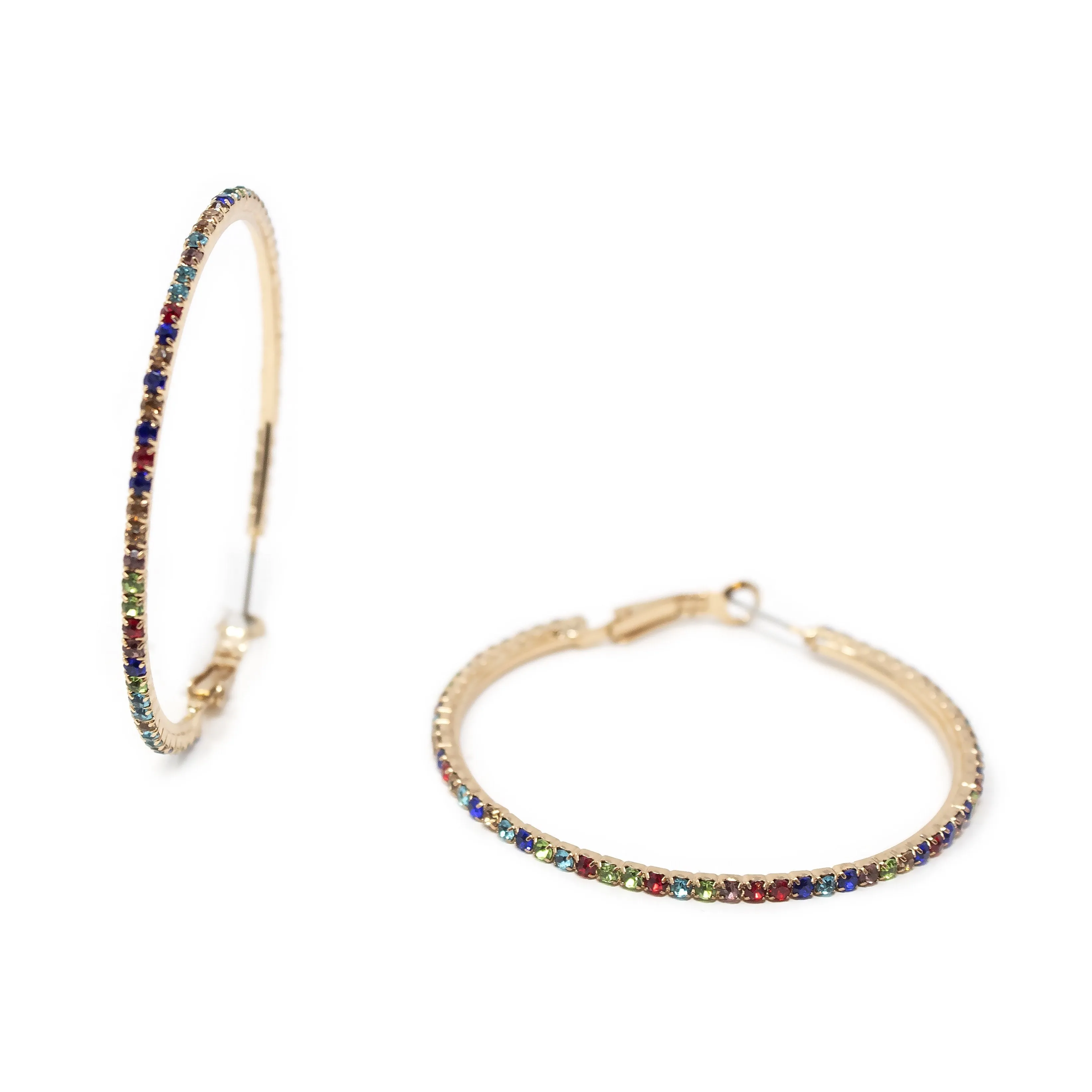 Colorful Crystal 50MM Clip On Hoop Earrings in Gold Tone