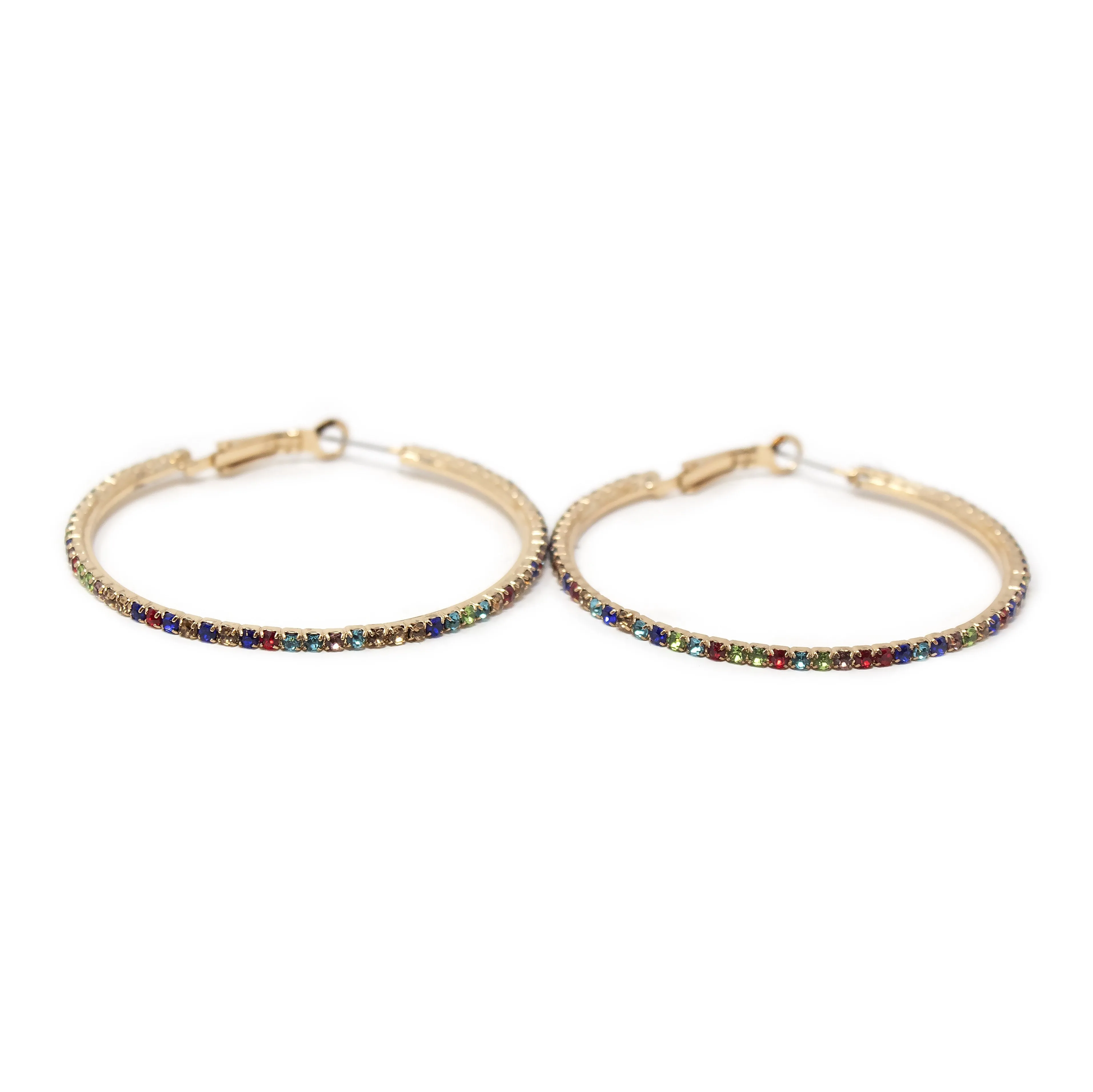 Colorful Crystal 50MM Clip On Hoop Earrings in Gold Tone