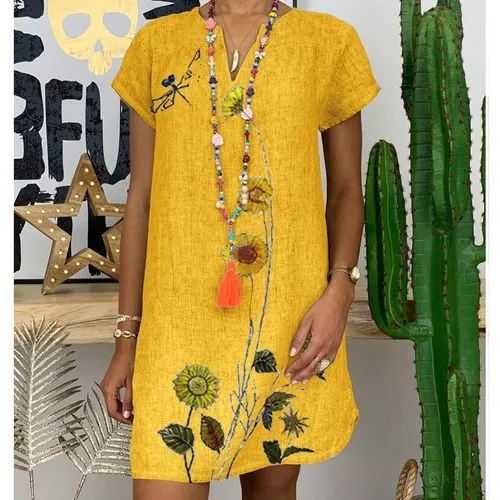 Ethnic V-neck Cotton Linen 2022 Spring New Printed Short Pullover Dress