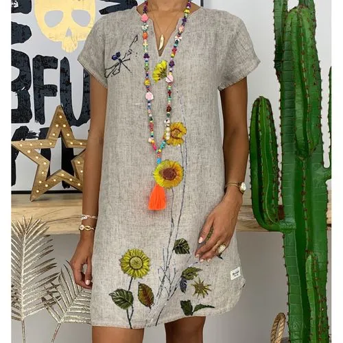 Ethnic V-neck Cotton Linen 2022 Spring New Printed Short Pullover Dress