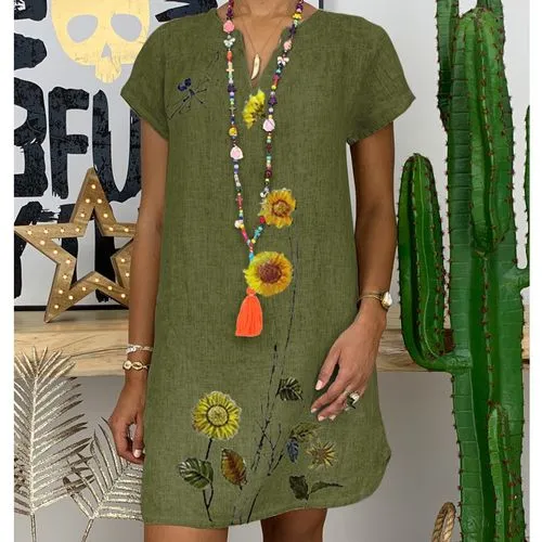 Ethnic V-neck Cotton Linen 2022 Spring New Printed Short Pullover Dress