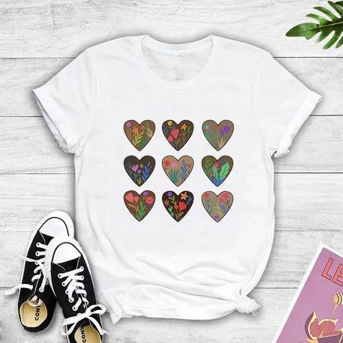 Fashion Plant Style New Heart Print Short Sleeve T-shirt