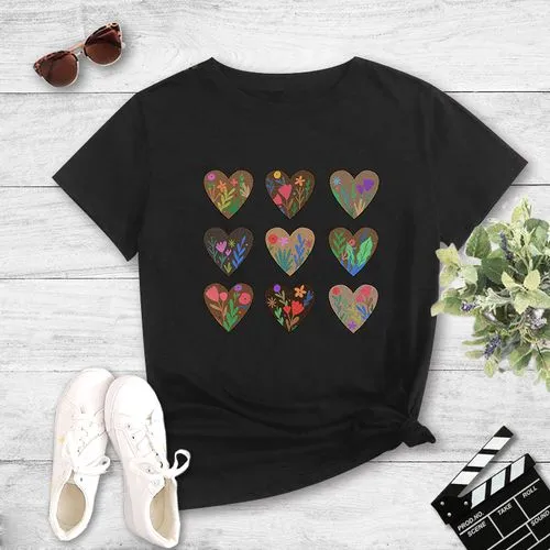 Fashion Plant Style New Heart Print Short Sleeve T-shirt