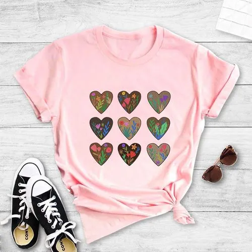 Fashion Plant Style New Heart Print Short Sleeve T-shirt