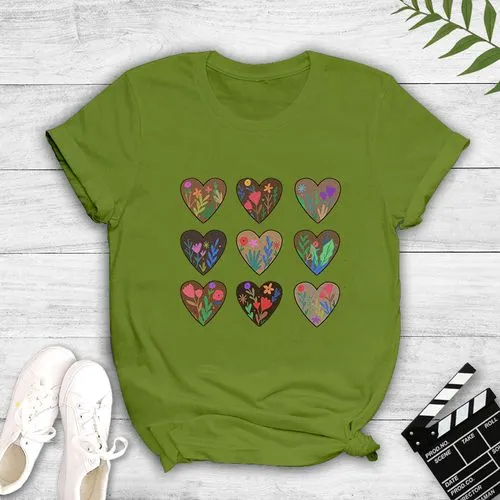 Fashion Plant Style New Heart Print Short Sleeve T-shirt