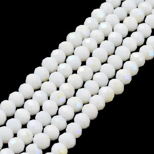 Glass Beads, Electroplated, Rondelle, Faceted, Opaque, Half Rainbow Plated, White, 6mm