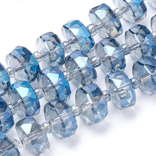 Glass Beads, Electroplated, Rondelle, Faceted, Rainbow Plated, Cornflower Blue, 8mm