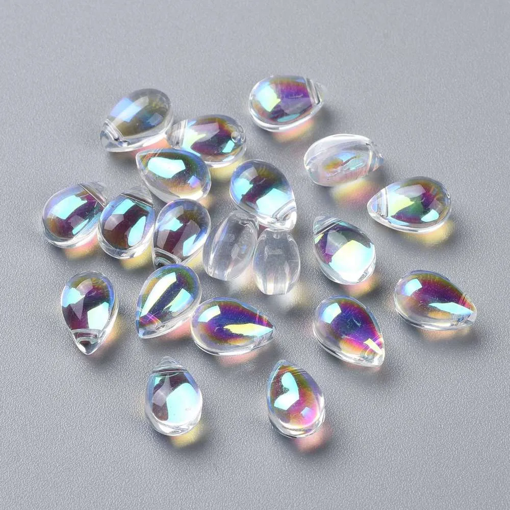 Glass Beads, Teardrop, Top-Drilled, Transparent, AB, Rainbow, 9x6mm