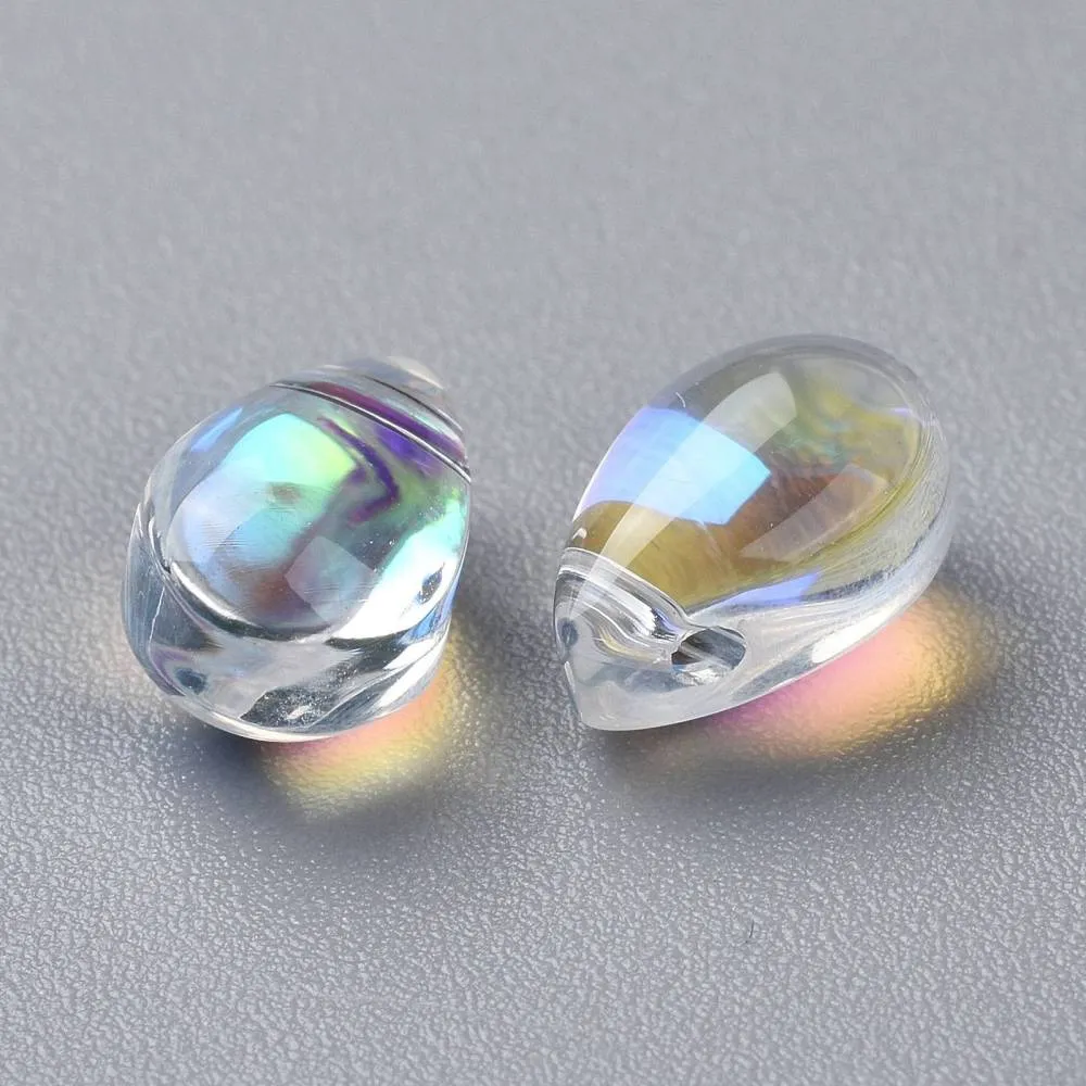 Glass Beads, Teardrop, Top-Drilled, Transparent, AB, Rainbow, 9x6mm