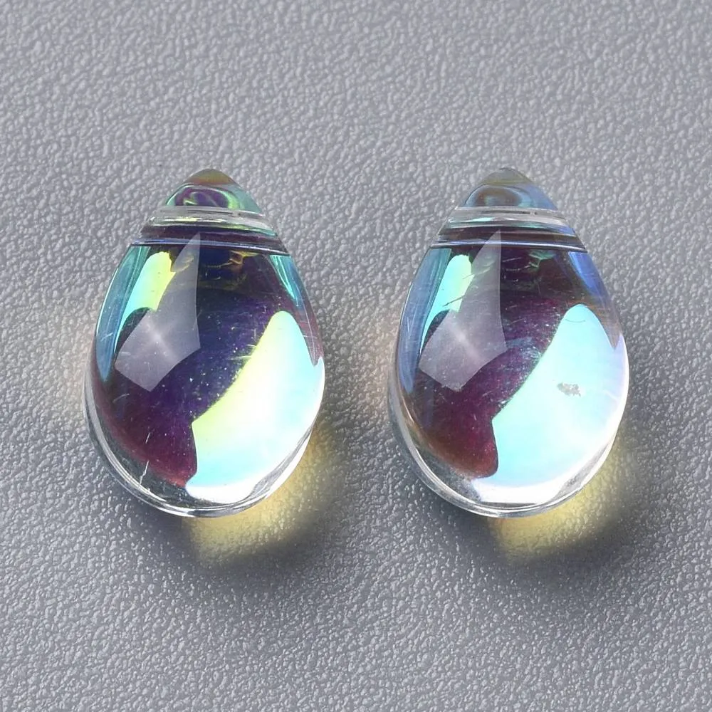 Glass Beads, Teardrop, Top-Drilled, Transparent, AB, Rainbow, 9x6mm