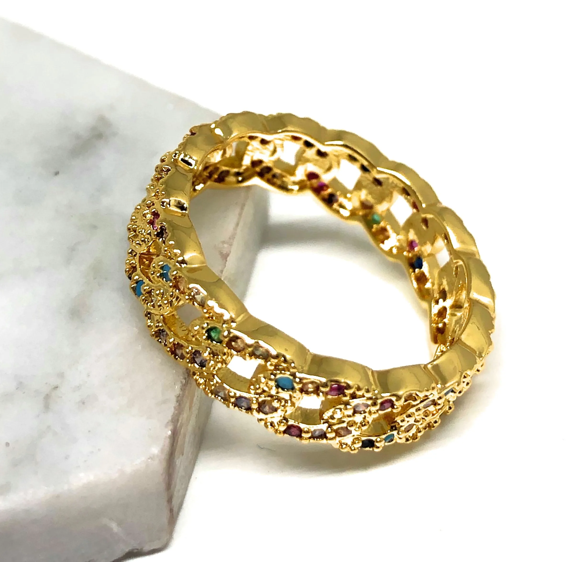 Gold Plated Rainbow Colorful Stone Cuban Link Style Ring Anillo