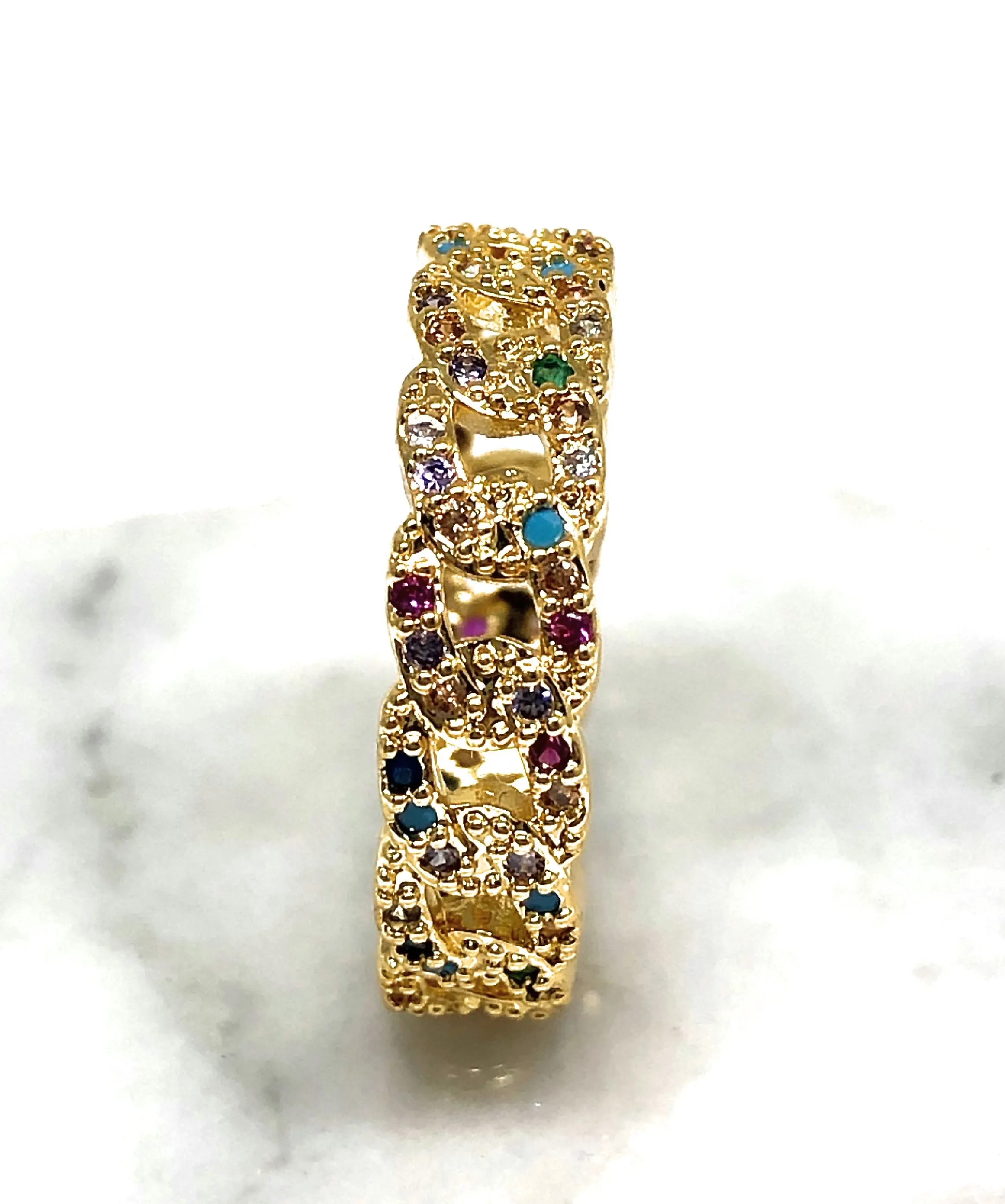 Gold Plated Rainbow Colorful Stone Cuban Link Style Ring Anillo