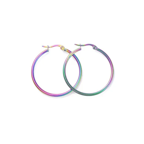 Hoop Earring Findings, 304 Stainless Steel, Hypoallergenic, With Latch-Back Closure, Rainbow, 35-36mm