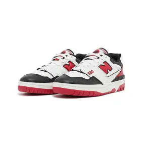 New Balance 550 sneakers in white, red, and black.