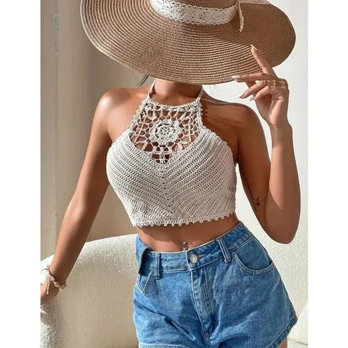 New Fashion Women's Summer Tie Halter Crocheted Cutout Sling Top