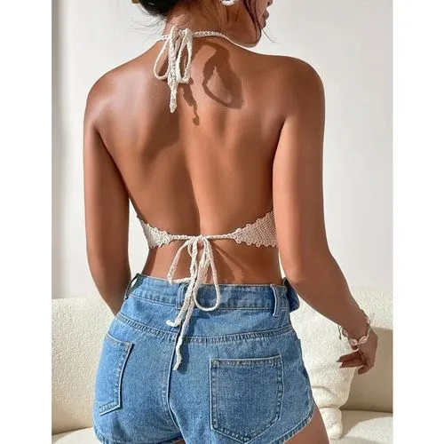 New Fashion Women's Summer Tie Halter Crocheted Cutout Sling Top