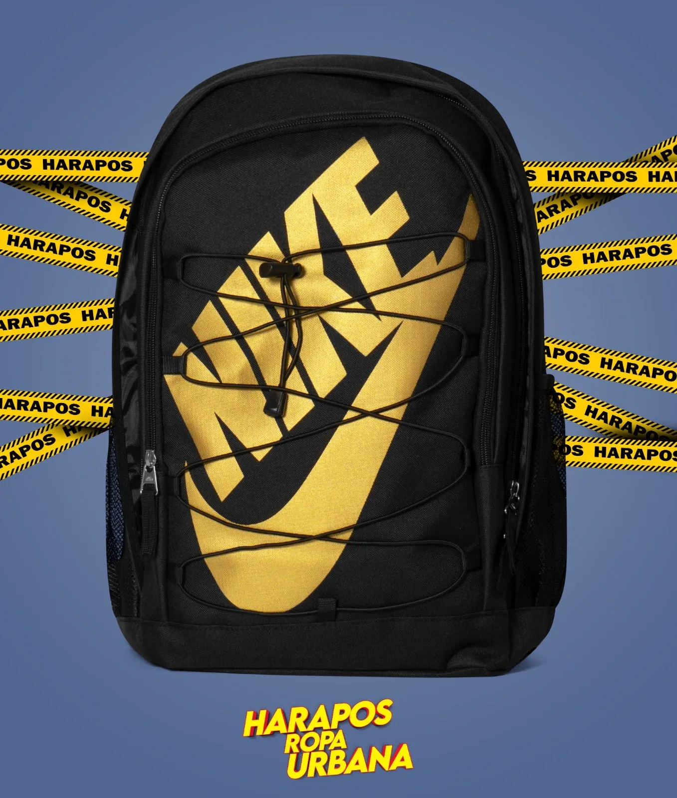 Nike backpack with black crossed elastic and golden letters