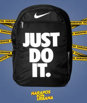 Nike Just Do It black reinforced backpack white letters.