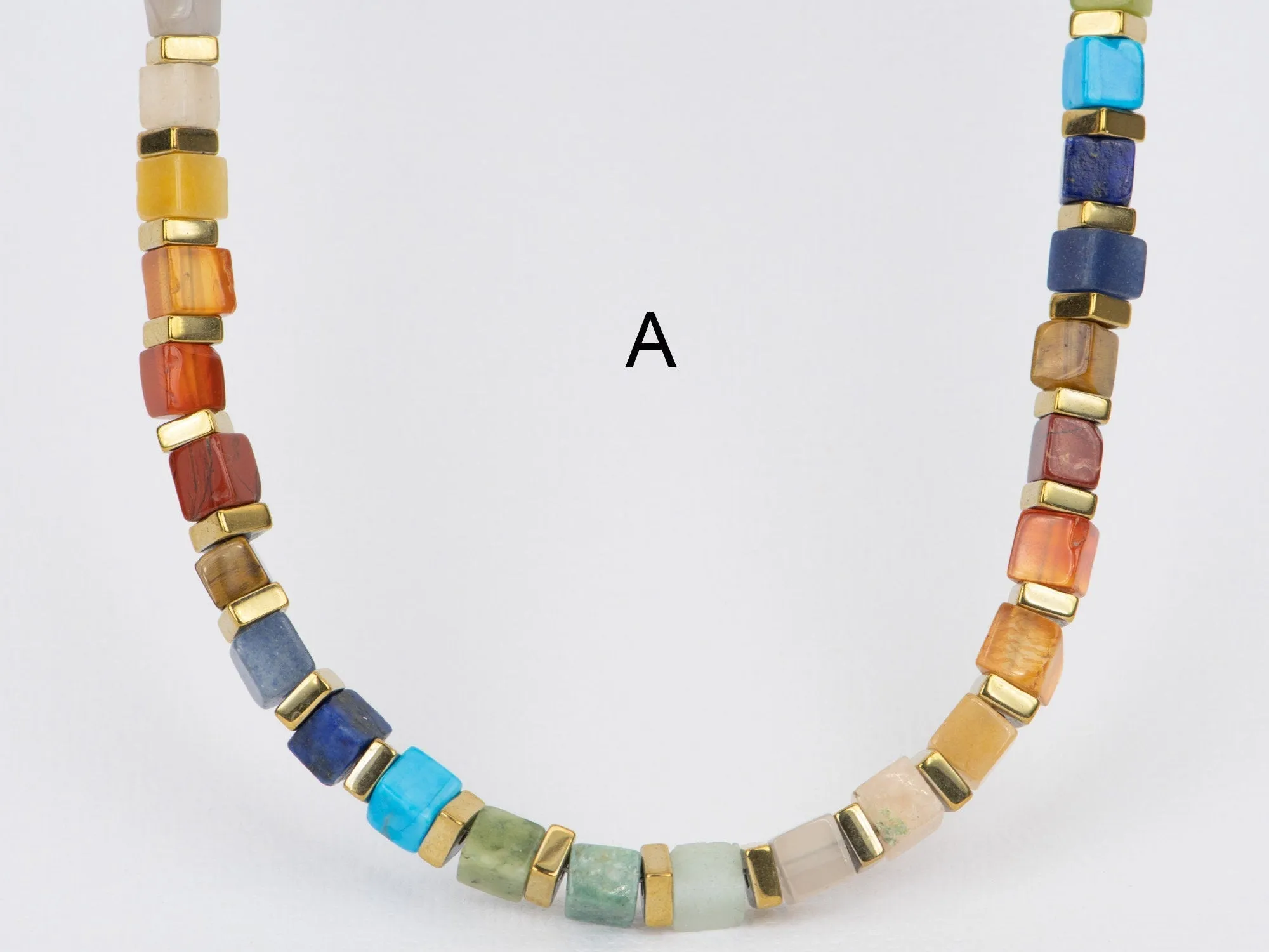 Rainbow Gemstone Square Bead Necklace Bracelet 14K Gold Filled Finish R4197