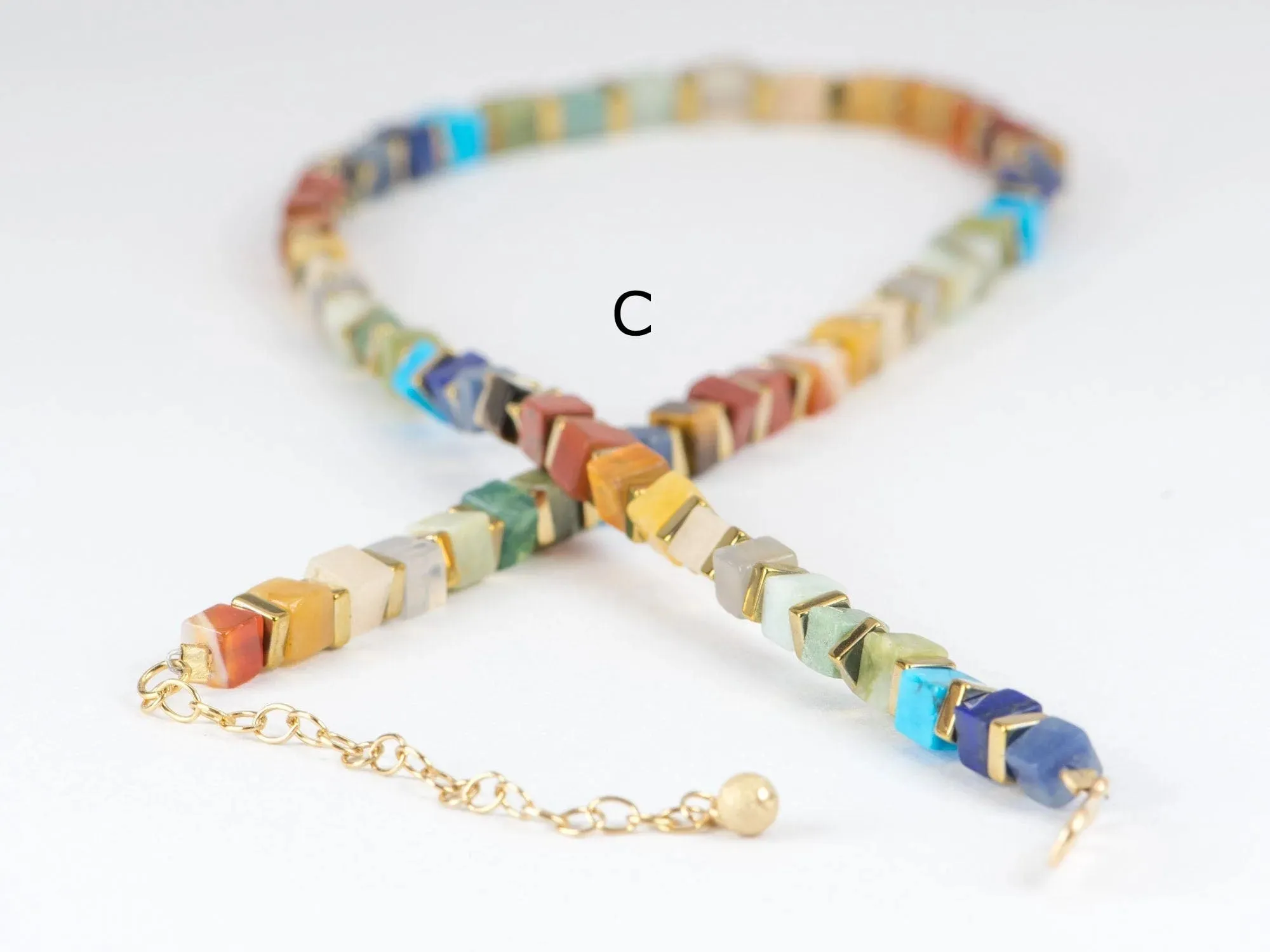 Rainbow Gemstone Square Bead Necklace Bracelet 14K Gold Filled Finish R4197