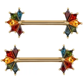 Spirit Forward Facing Nipple Barbells in Gold Rainbow with Genuine Gemstones